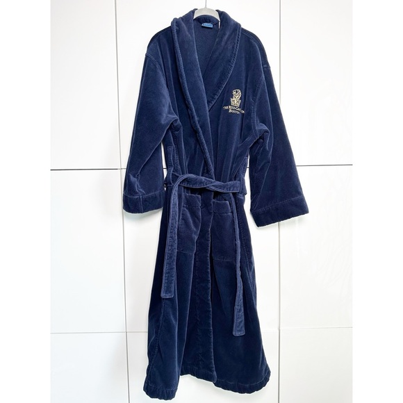 The Ritz-Carlton Robe Navy Blue One Size Gold Embroidered Boston Belt Luxury - Picture 1 of 9